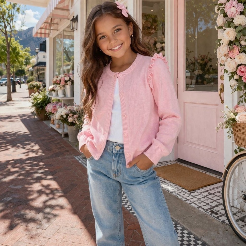 PLAY BY THE LITTLE SLEEPIES Pink Cardigan 7 Ruffle Knit Buttons Front Girls